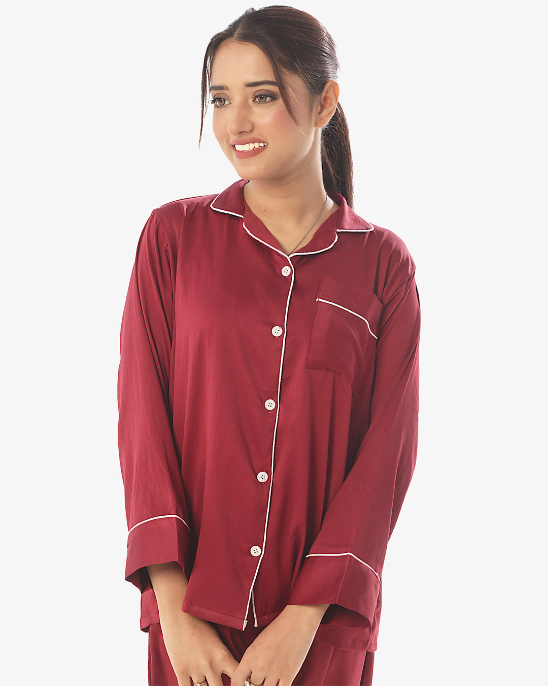Satin Silk Pajama Suit with Scrunchie - Pearl